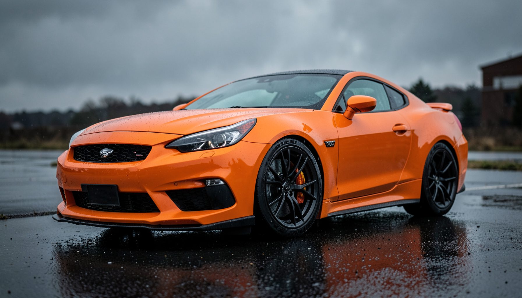 A bold orange muscle coupe with an aggressive stance and black alloy wheels, captured on a moody overcast day with wet pavement.