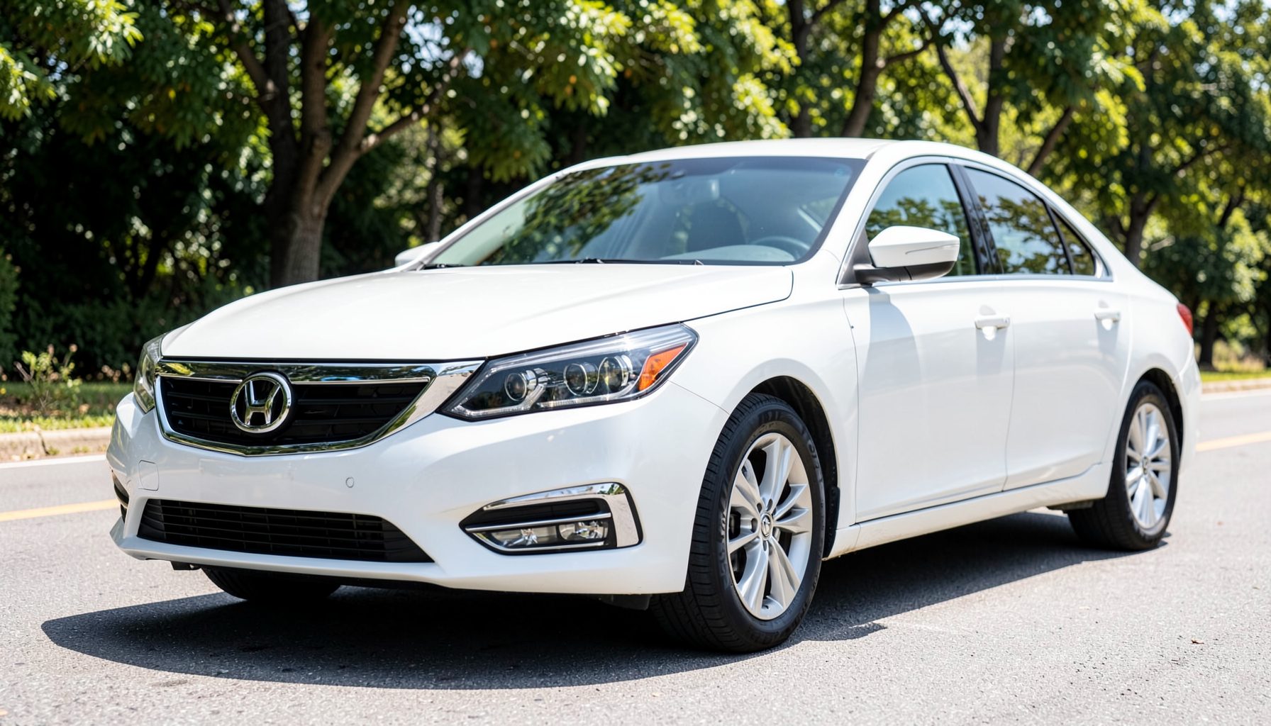 A clean white sedan with the Popular Equipment Group trim, shown on a bright afternoon with trees in the background and a polished front end.
