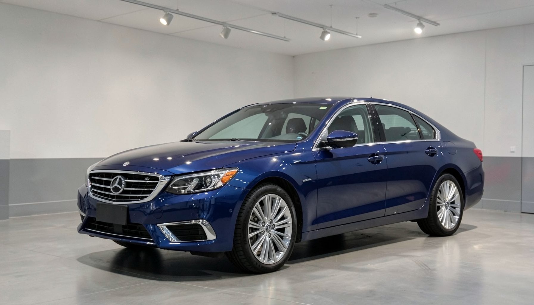 A deep blue midsize sedan with chrome accents and a sleek profile, positioned on a showroom floor with soft overhead lighting.