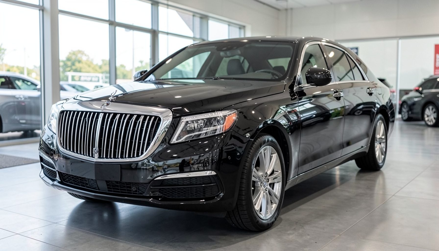 A large black luxury sedan with a prominent chrome grille, gleaming under natural light on a dealership display area.