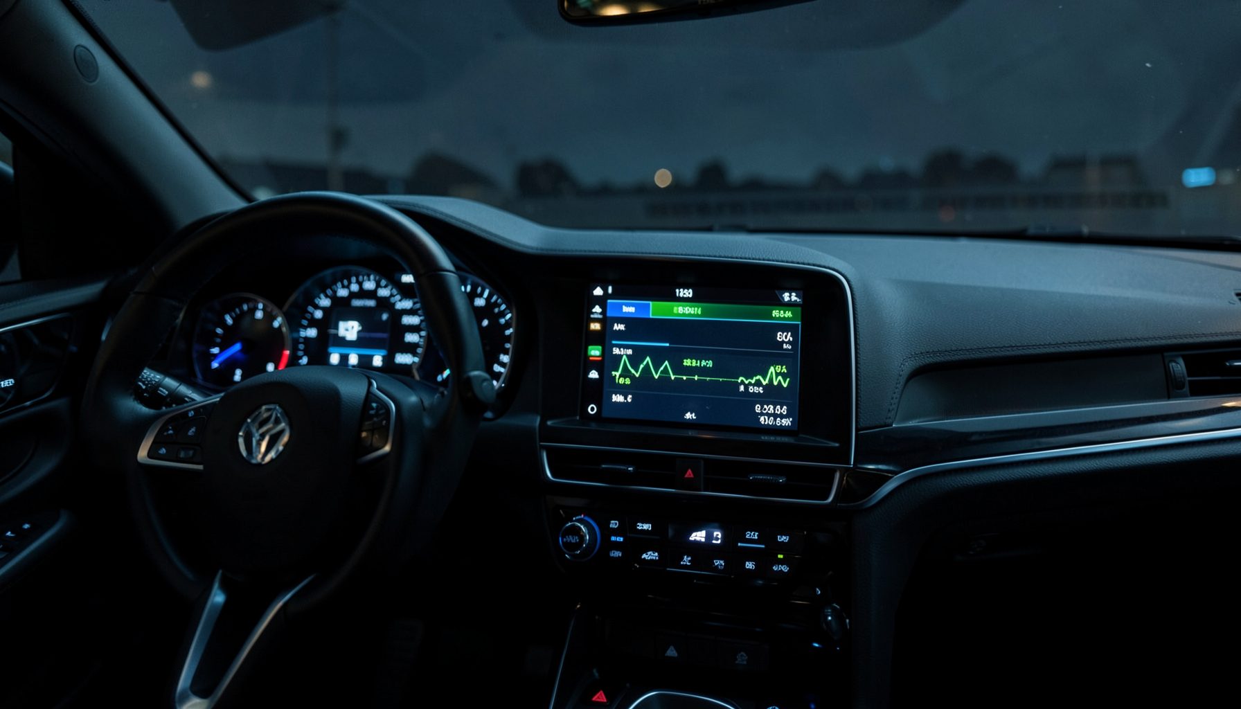 A modern car dashboard with a digital display showing financial figures, set against a dark cockpit interior with subtle blue ambient lighting