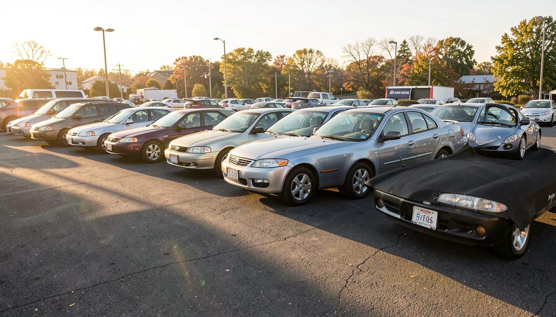 A row of clean, affordable used cars in varied colors parked on a sunlit dealership lot, with a warm golden-hour glow and soft shadows across the asphalt