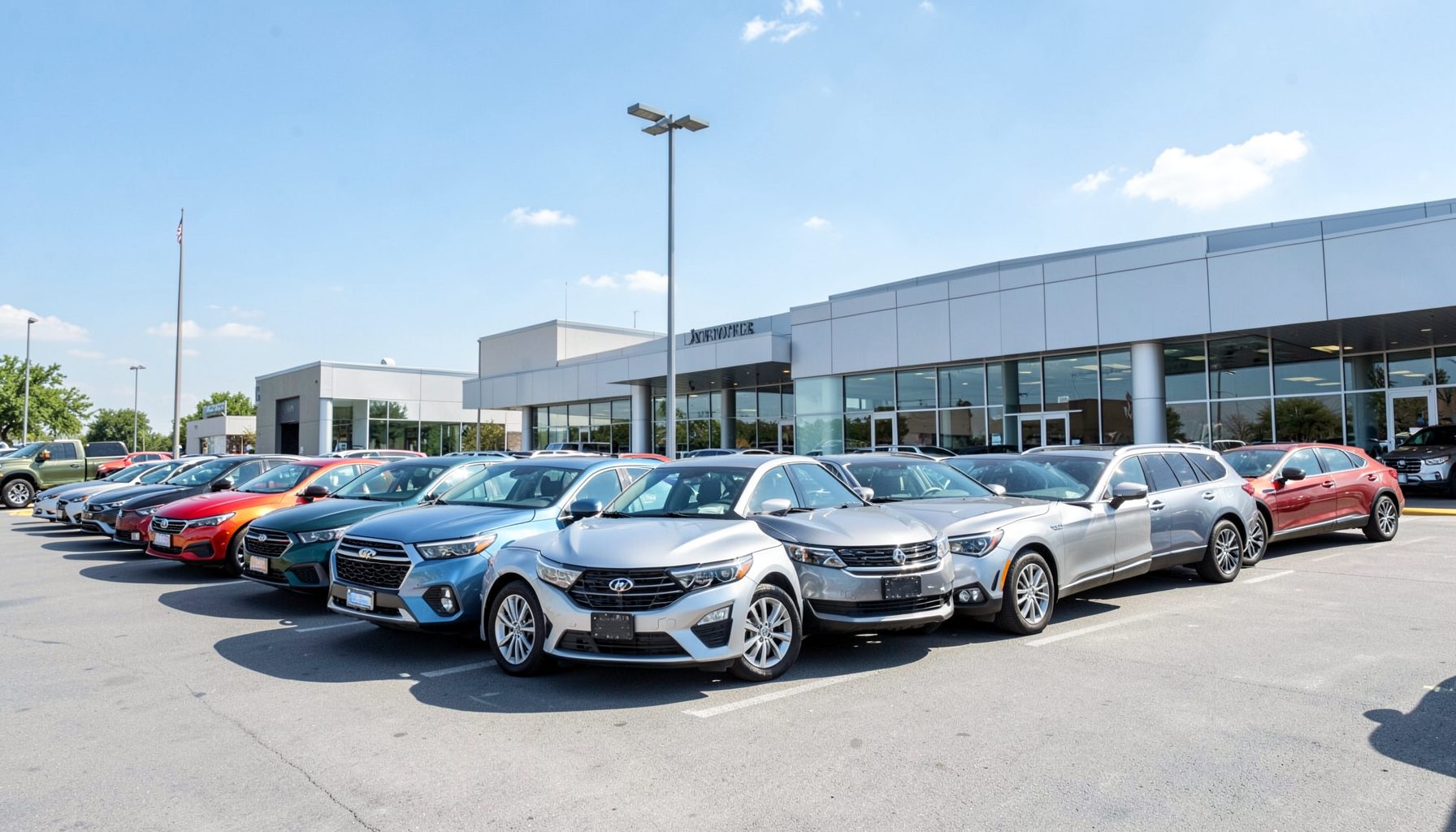 A row of clean late-model used cars and SUVs in varied colors parked on a dealership lot under a bright sky, with a modern showroom building in the background