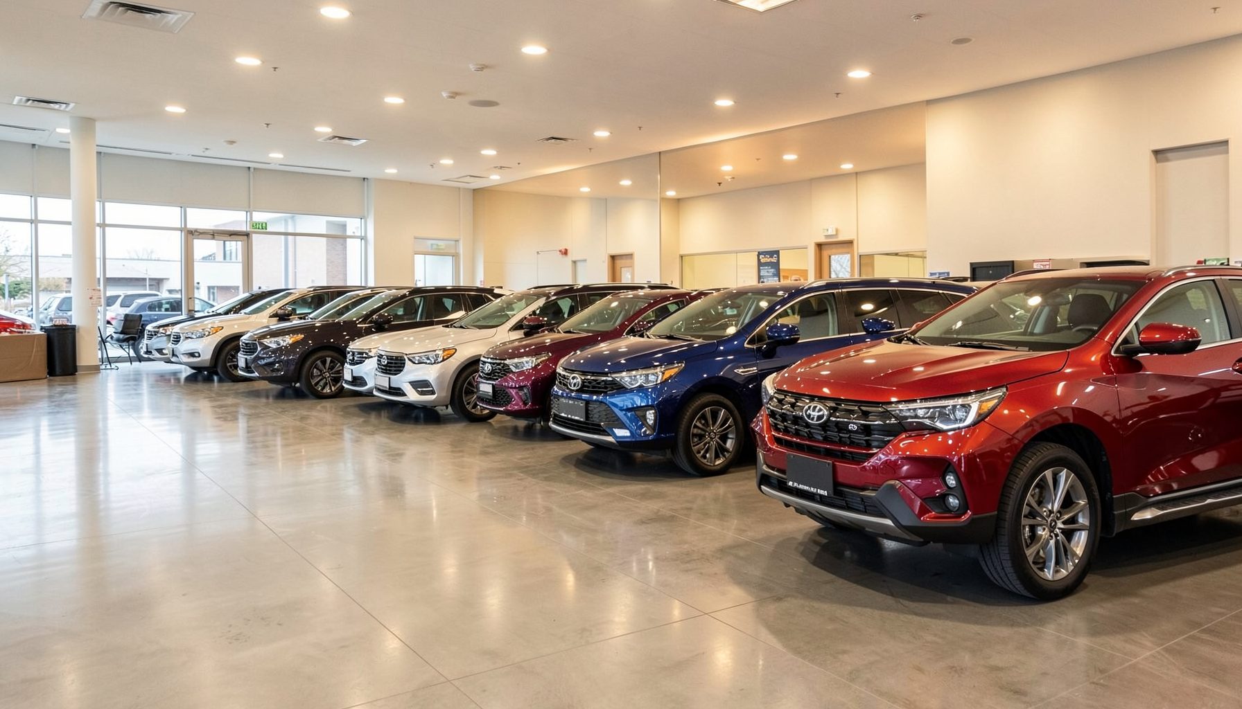 A row of gleaming new vehicles in silver, deep blue, and red parked on a polished showroom floor under warm overhead lighting, with a clean modern dealership interior in the background