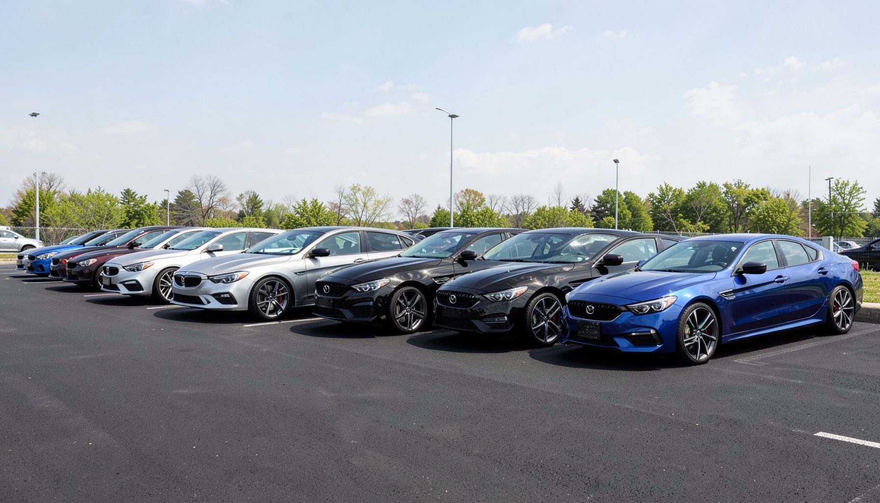 A row of polished late-model sedans and coupes lined up on a dealership lot under a bright sky, with deep charcoal asphalt and soft reflections on glossy paint in silver, black, and deep blue tones.