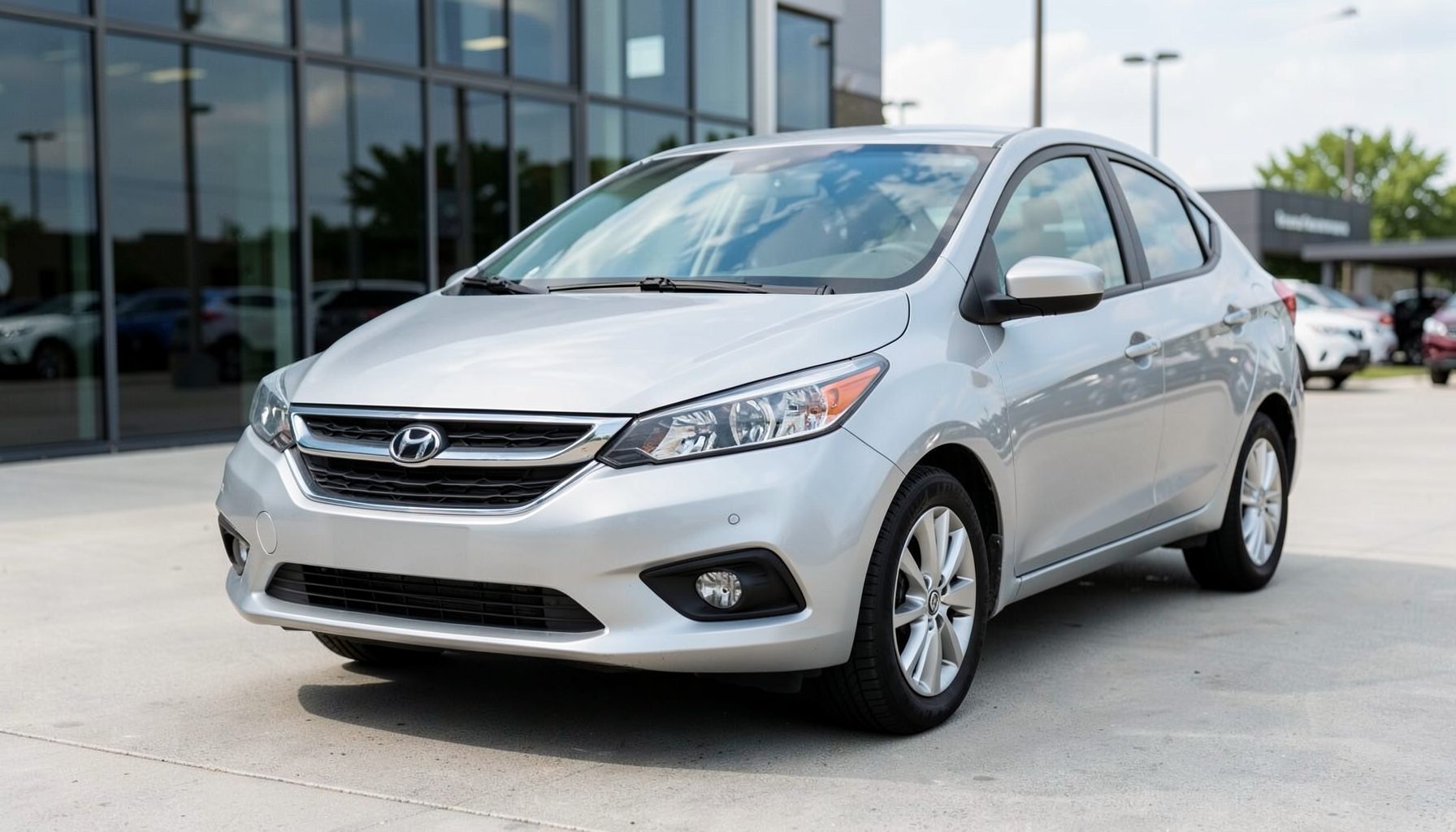 A silver compact sedan parked on a clean dealership lot, with a subtle reflection of the sky on its hood and a modern, understated front grille design.