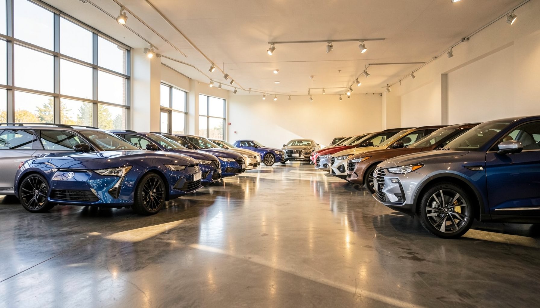 A sunlit showroom interior with polished concrete floors and a row of sleek new vehicles in deep blue and silver tones, reflecting warm overhead lighting