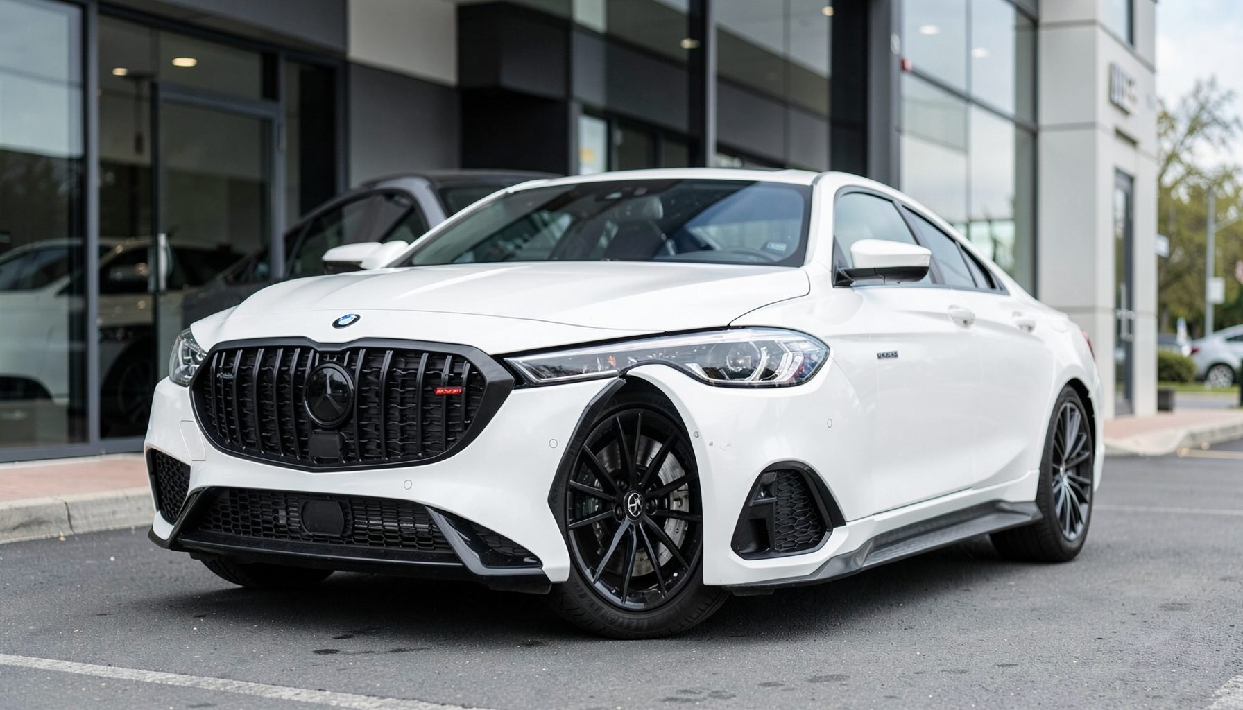 A white performance sedan with a blacked-out grille and dual exhaust, parked in front of a modern dealership facade.