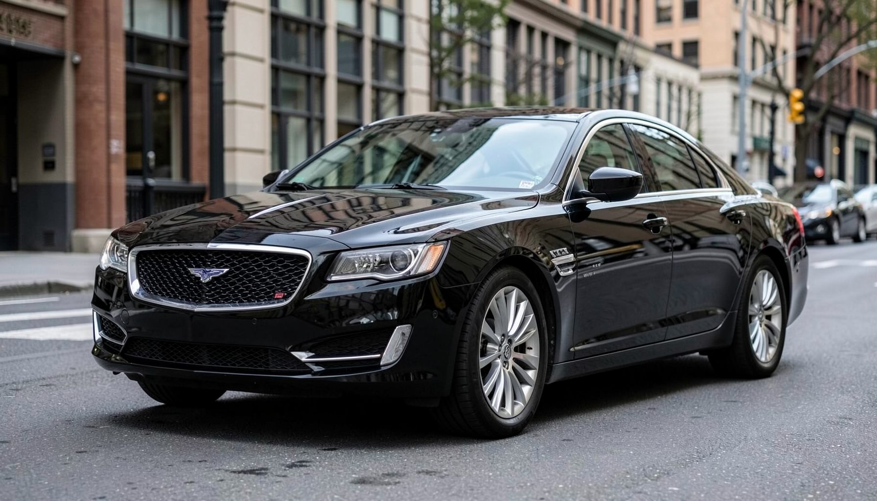 Black Chrysler 300 sedan on a clean city street, elegant and refined presence, soft reflections on the polished paint, premium mood