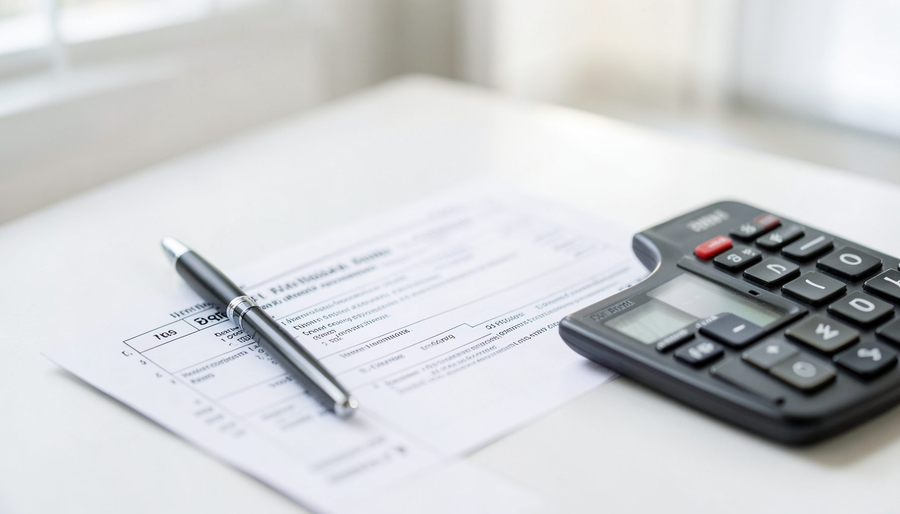 Close-up of a desk with a finance application form, a pen, and a calculator on a clean white surface, with soft natural light from a nearby window