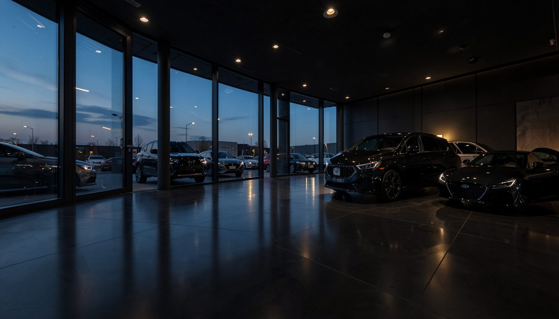 Dark atmospheric photo of a modern car showroom floor at dusk, deep charcoal and navy tones with warm accent lighting reflecting off polished surfaces, moody and premium