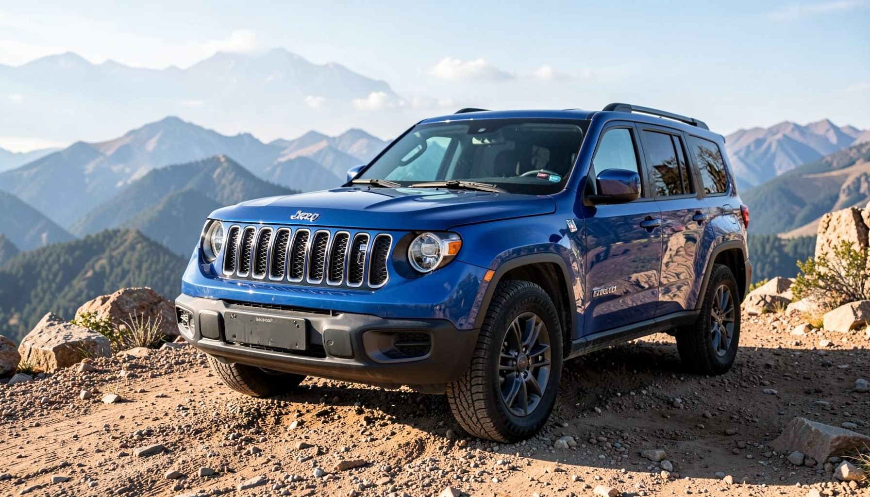 Deep blue Jeep SUV on a mountain overlook, rugged terrain in the background, adventurous and capable mood with natural light