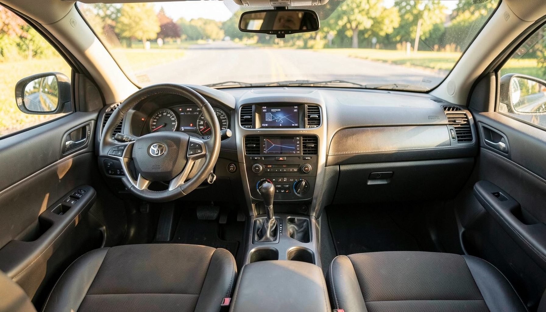 Interior view of a well-maintained used SUV dashboard and front seats in warm charcoal tones, sunlight streaming through the windshield