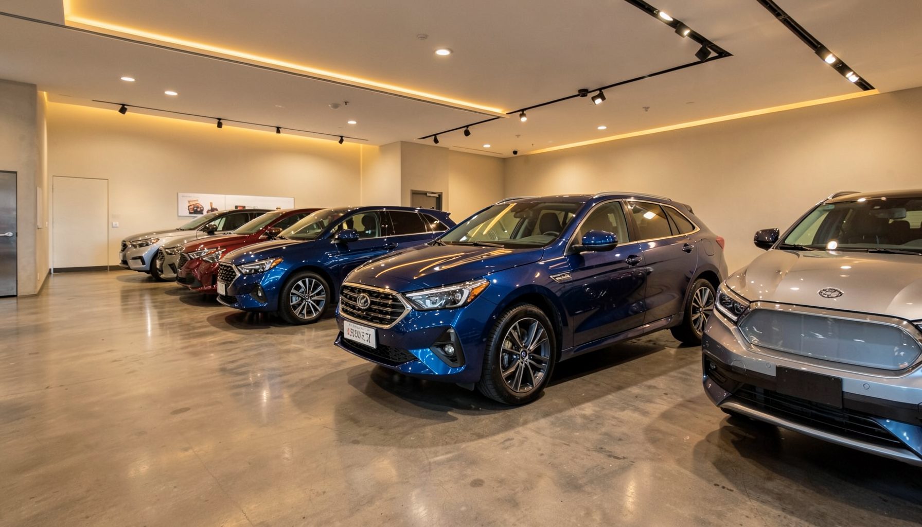 Modern auto showroom interior with warm ambient lighting, polished concrete floors, and a row of new vehicles in deep blue and silver tones under soft overhead lights