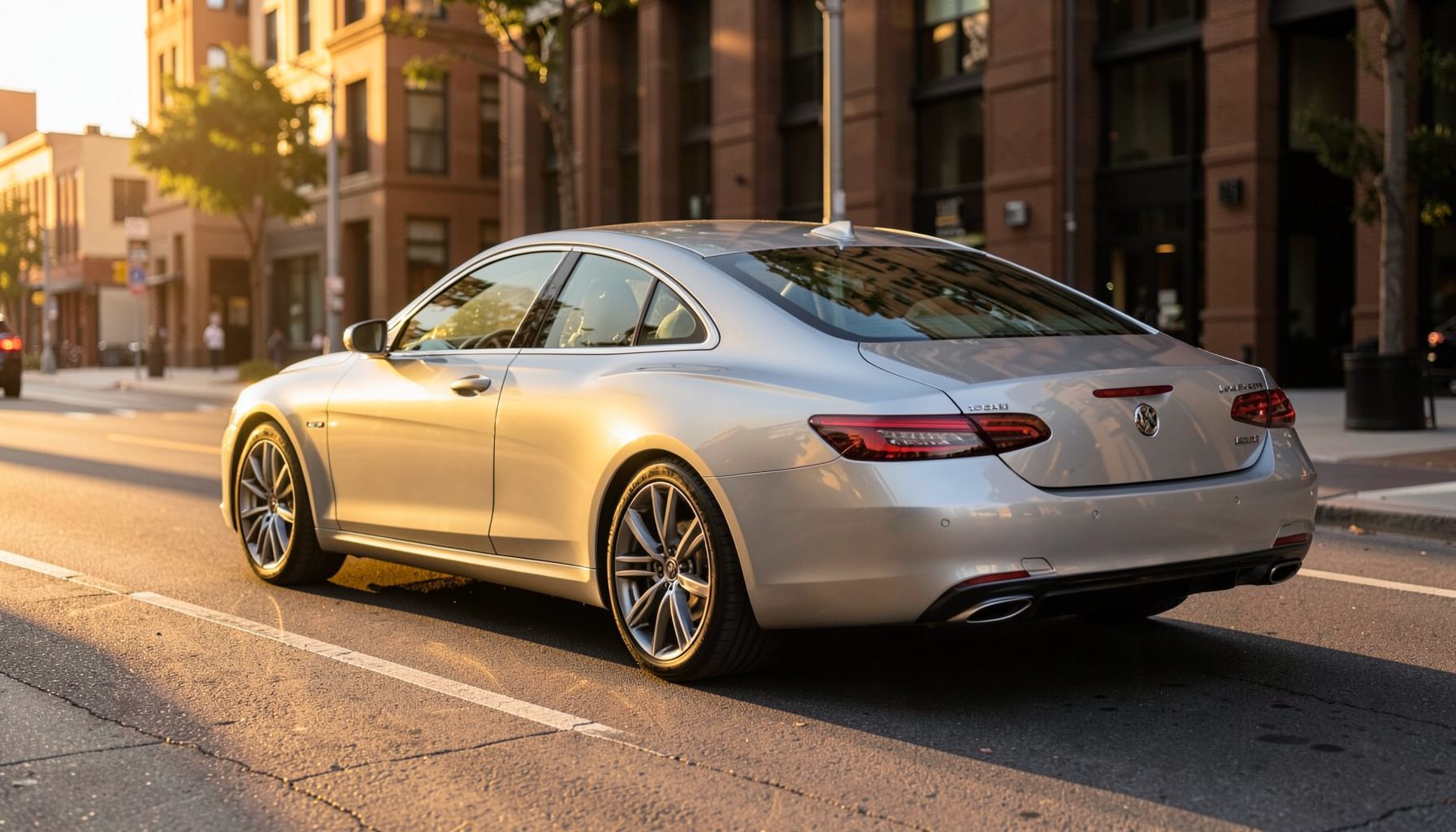 Sleek silver sedan parked on a clean urban street at golden hour, warm light reflecting off the bodywork, premium automotive mood
