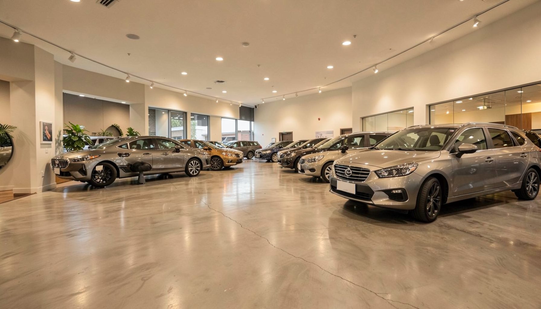 Warm interior of a modern car dealership showroom with soft overhead lighting, polished concrete floors, and a row of vehicles in muted metallic tones