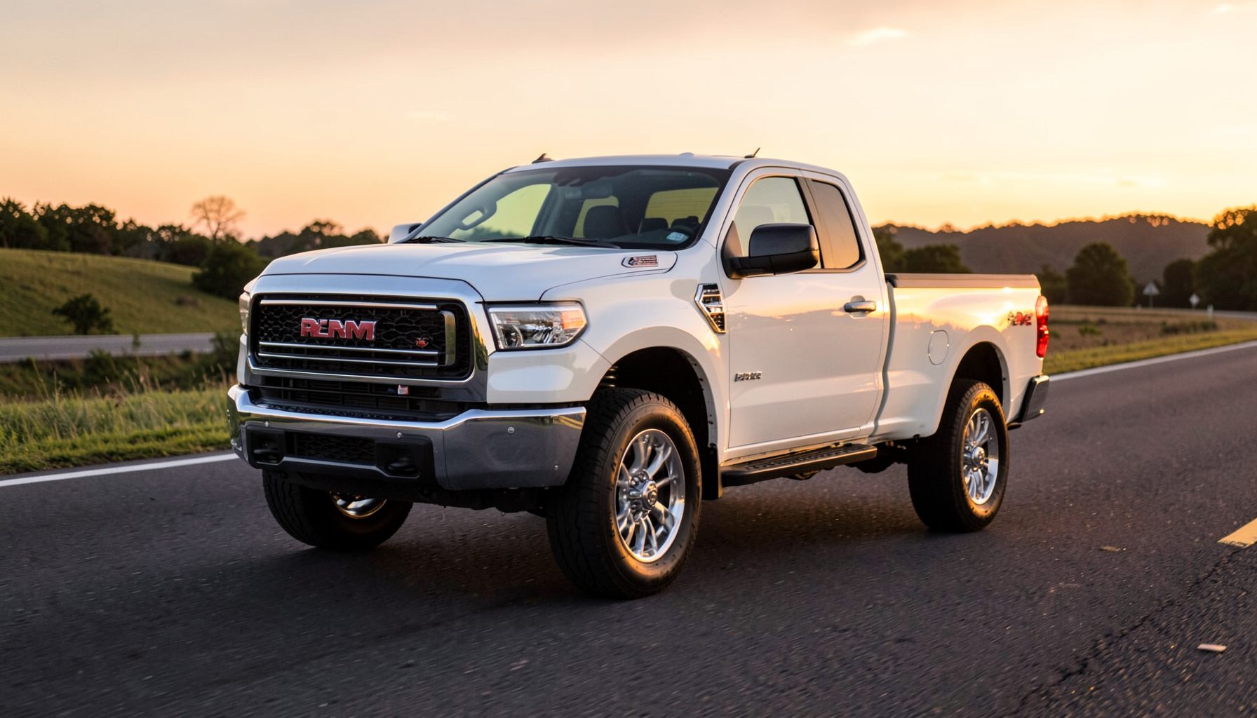 White Ram pickup truck on a rural highway at sunset, wide stance and chrome accents catching the warm light, rugged and capable mood